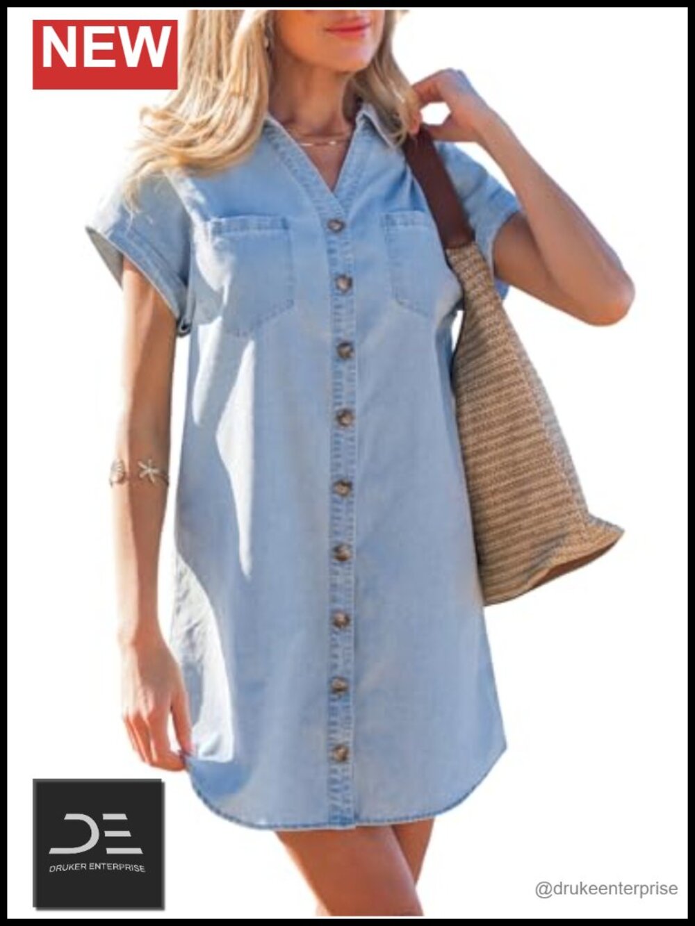 Women's Denim Button Down Shirt Dress Short Sleeve Mini Casual
